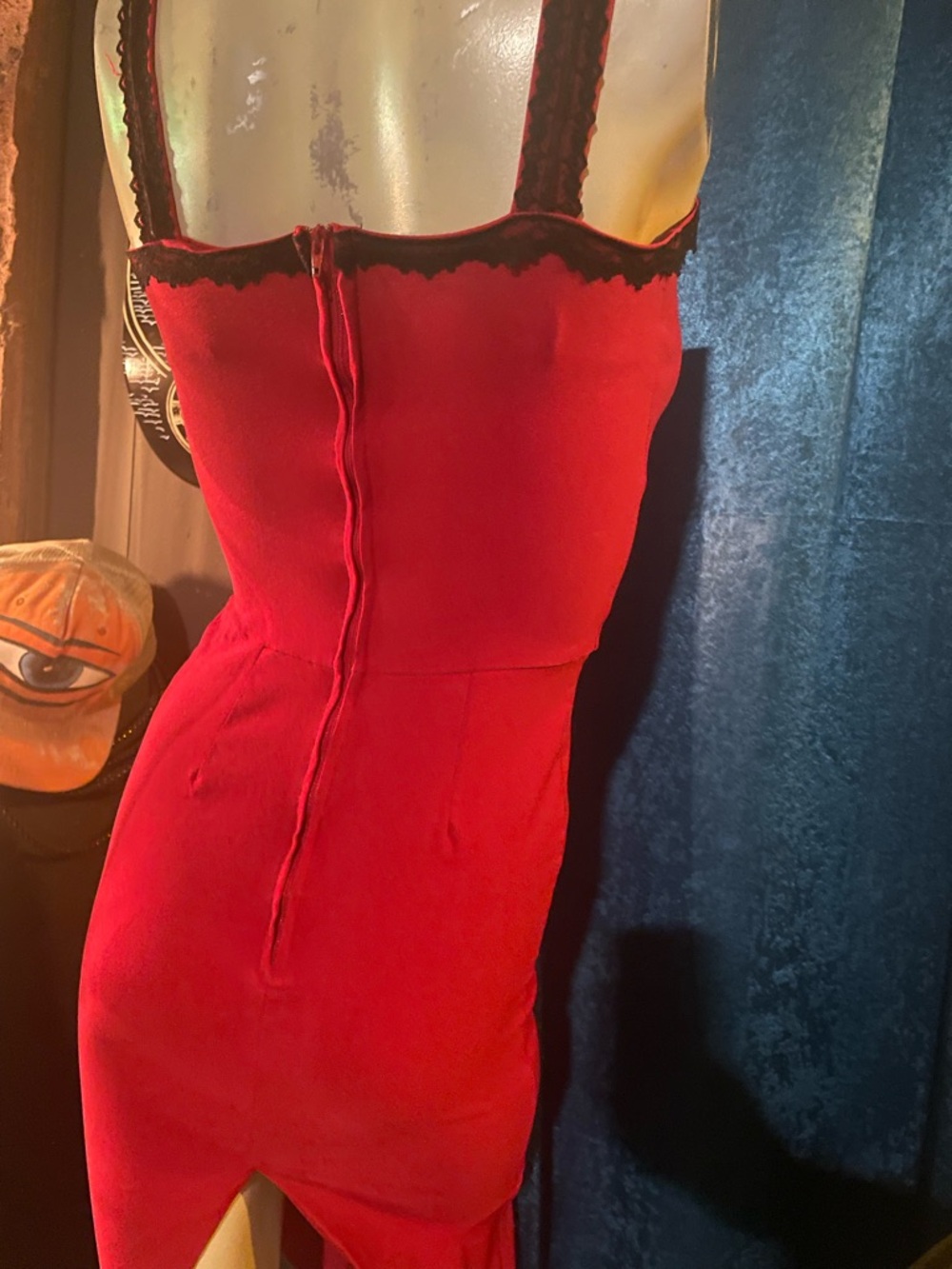 Red SWITCHBLADE STILETTO Midi pencil Dress with Black Lace Trim & flared bottom - Picture 6 of 10